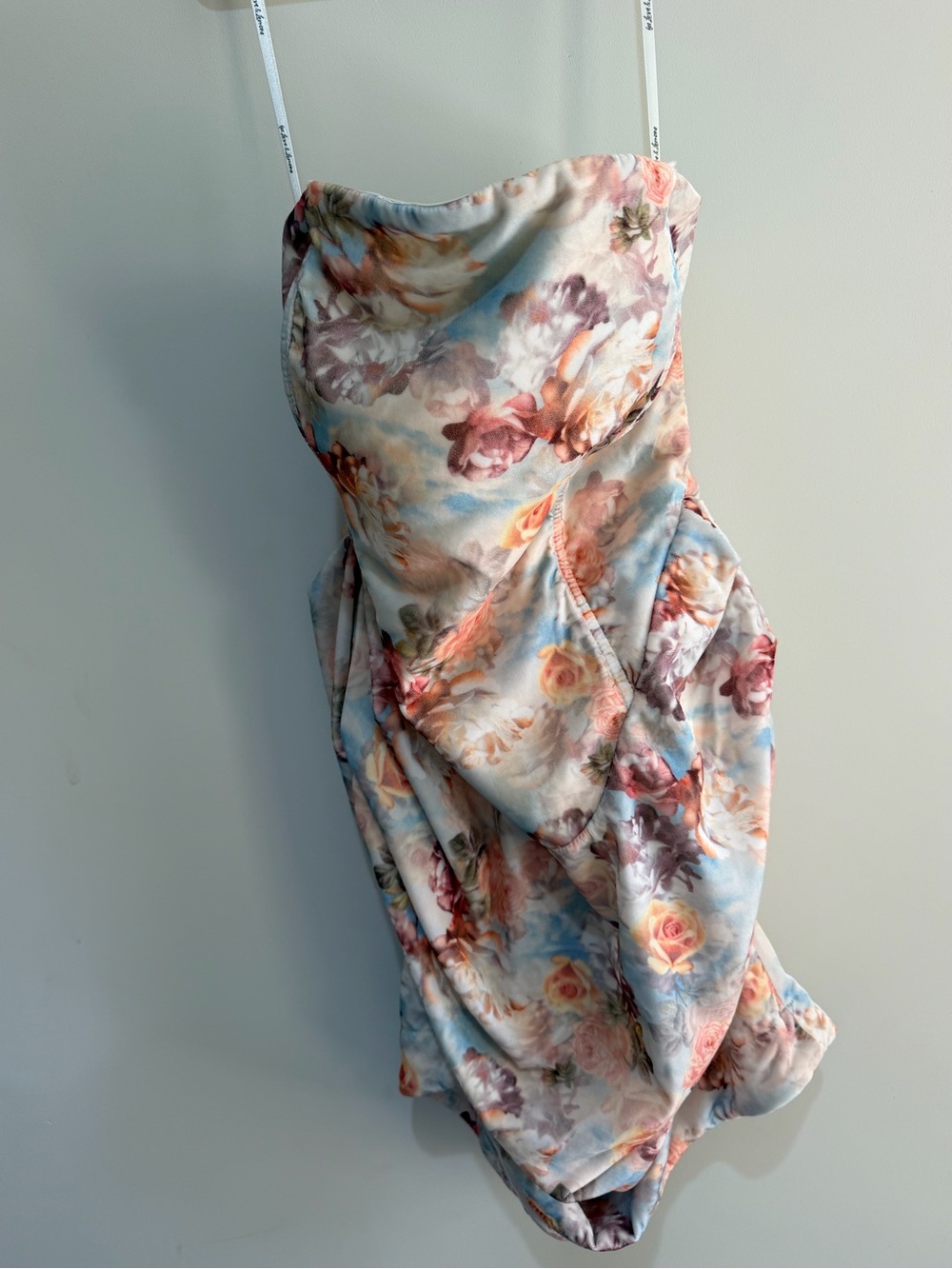 For Love & Lemons Floral Strapless Ruched Midi Dress in Pastel Blue and Pink